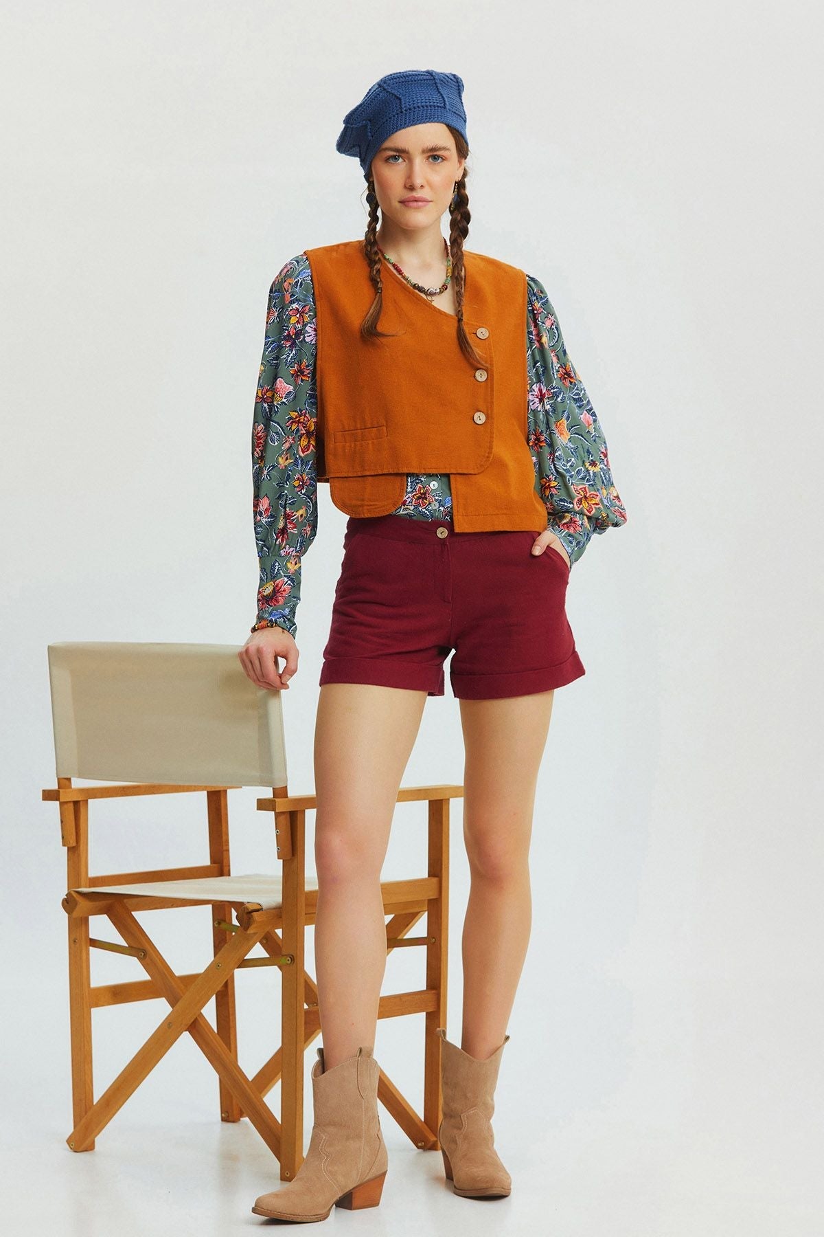 Pocket Detailed Asymmetric Cut Bohemian Vest Camel