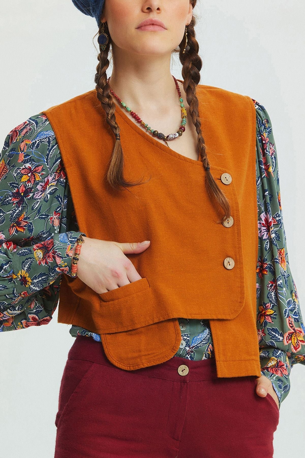 Pocket Detailed Asymmetric Cut Bohemian Vest Camel