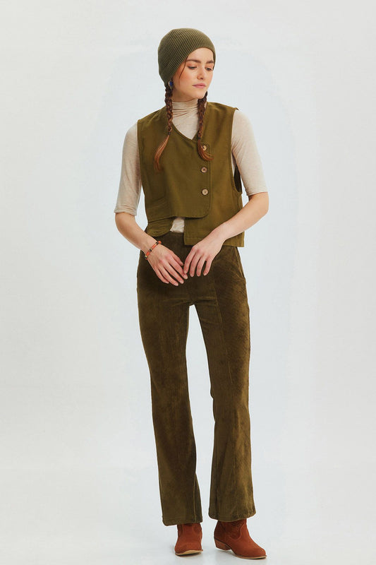 Pocket Detailed Asymmetric Cut Bohemian Vest Khaki
