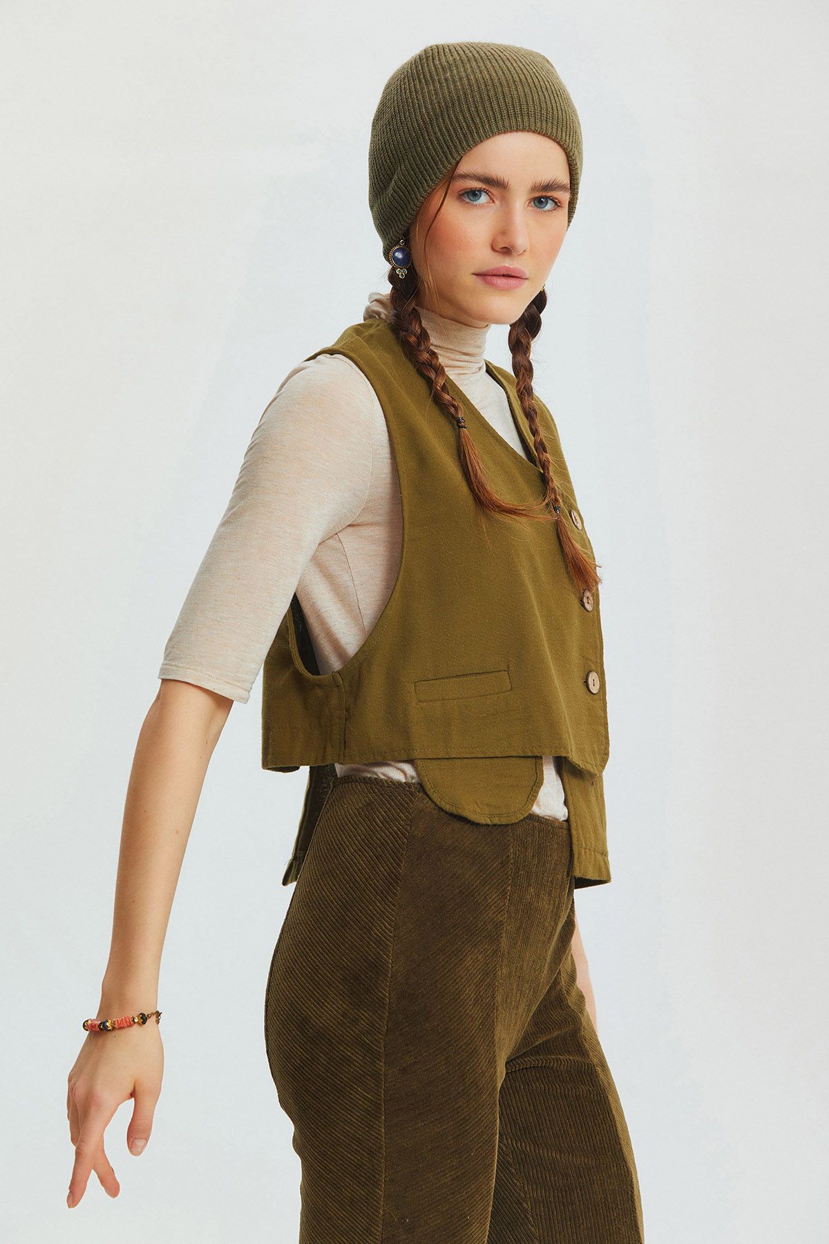 Pocket Detailed Asymmetric Cut Bohemian Vest Khaki