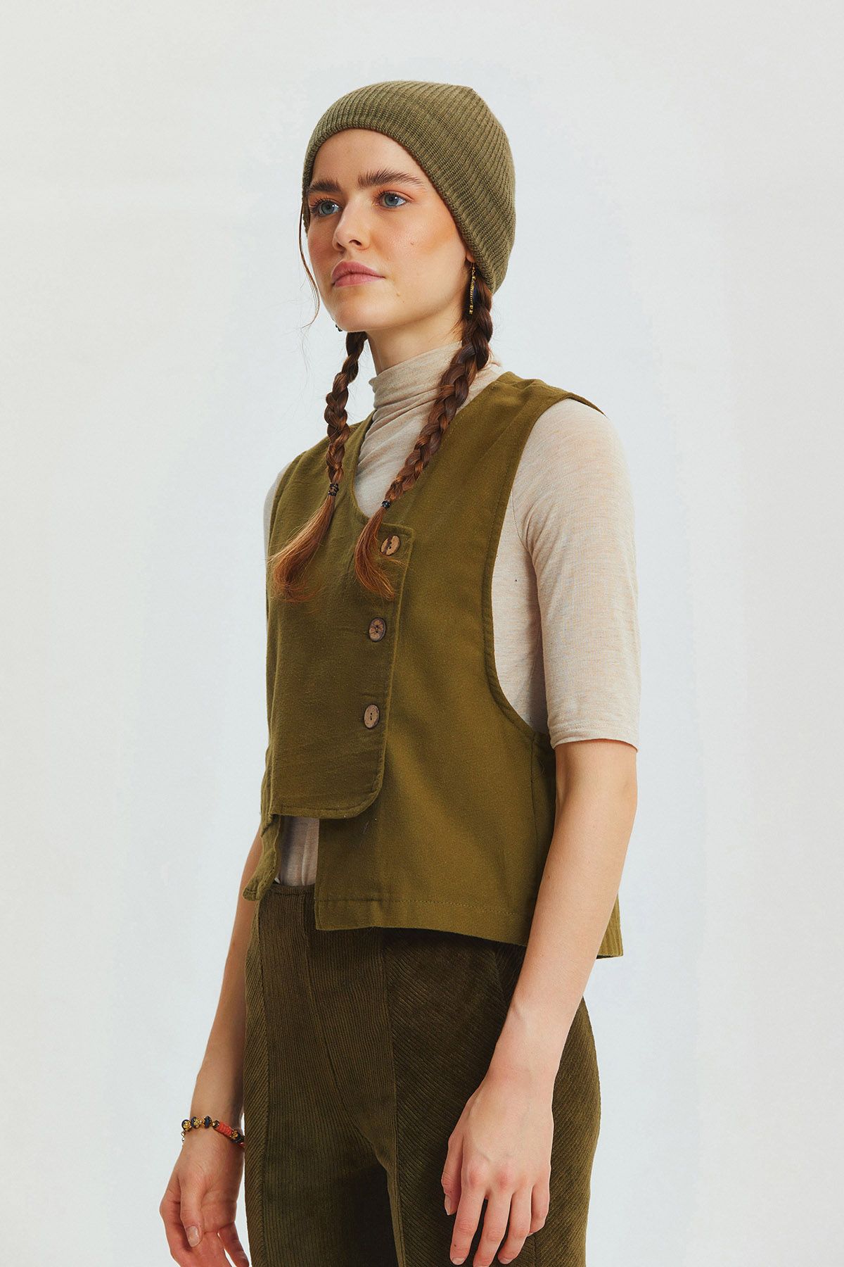 Pocket Detailed Asymmetric Cut Bohemian Vest Khaki