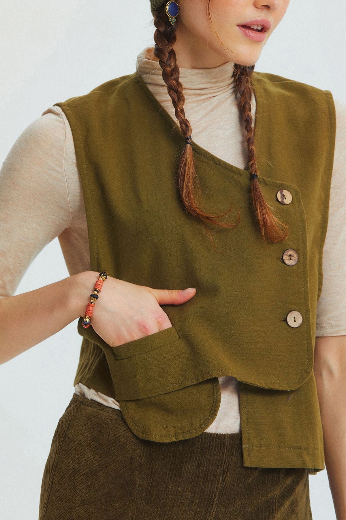 Pocket Detailed Asymmetric Cut Bohemian Vest Khaki