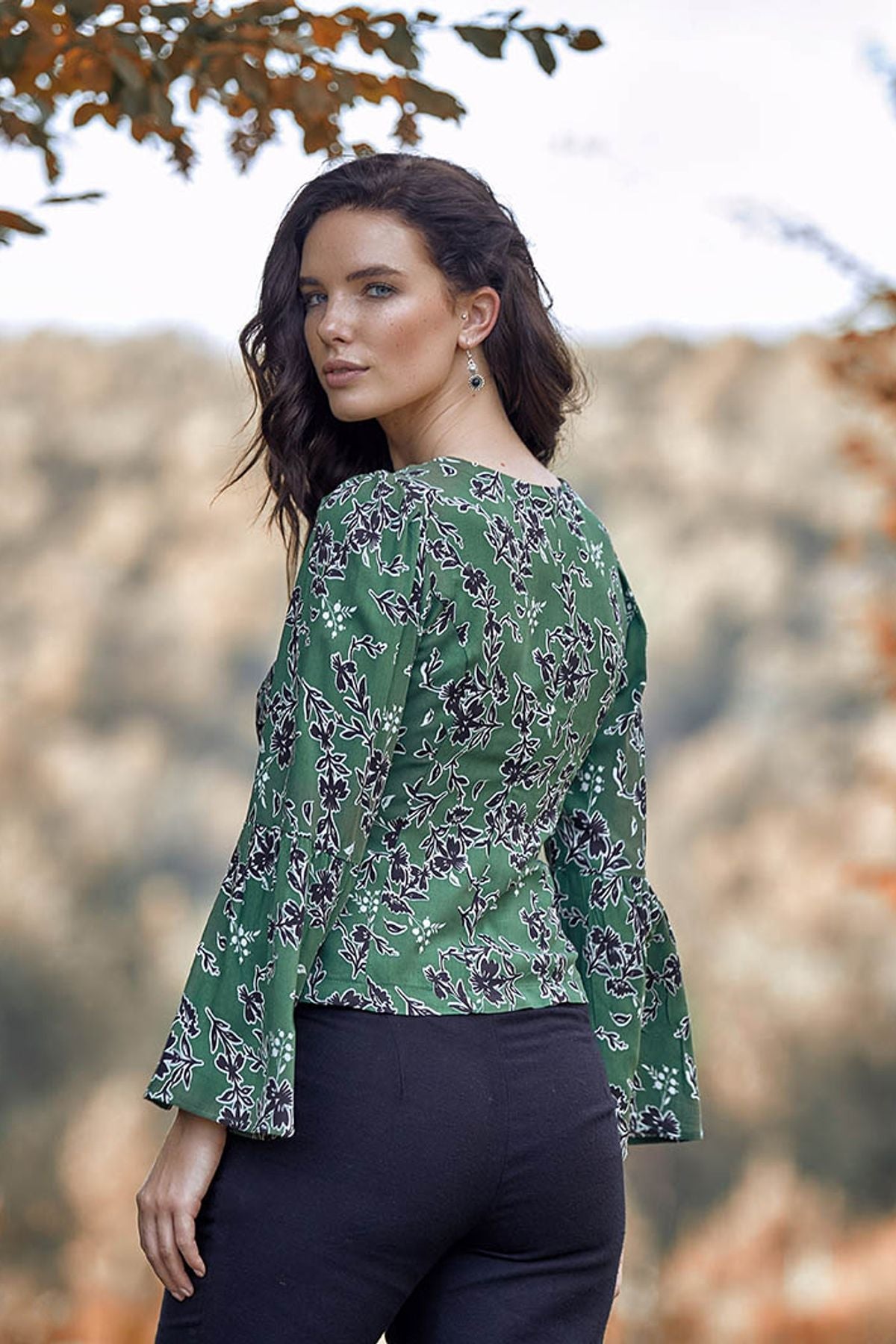 Patterned Fall Winter Blouse Green