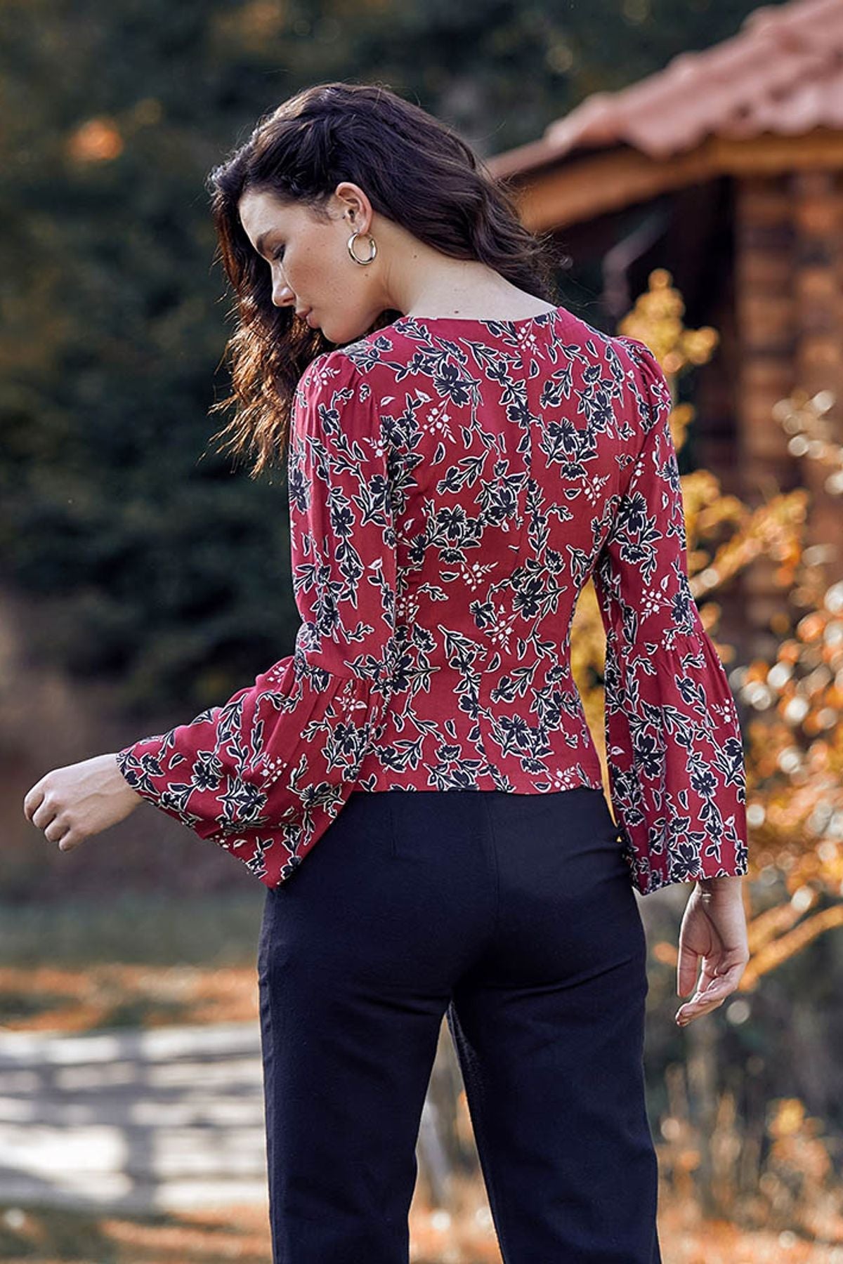 Patterned Fall Winter Blouse Red