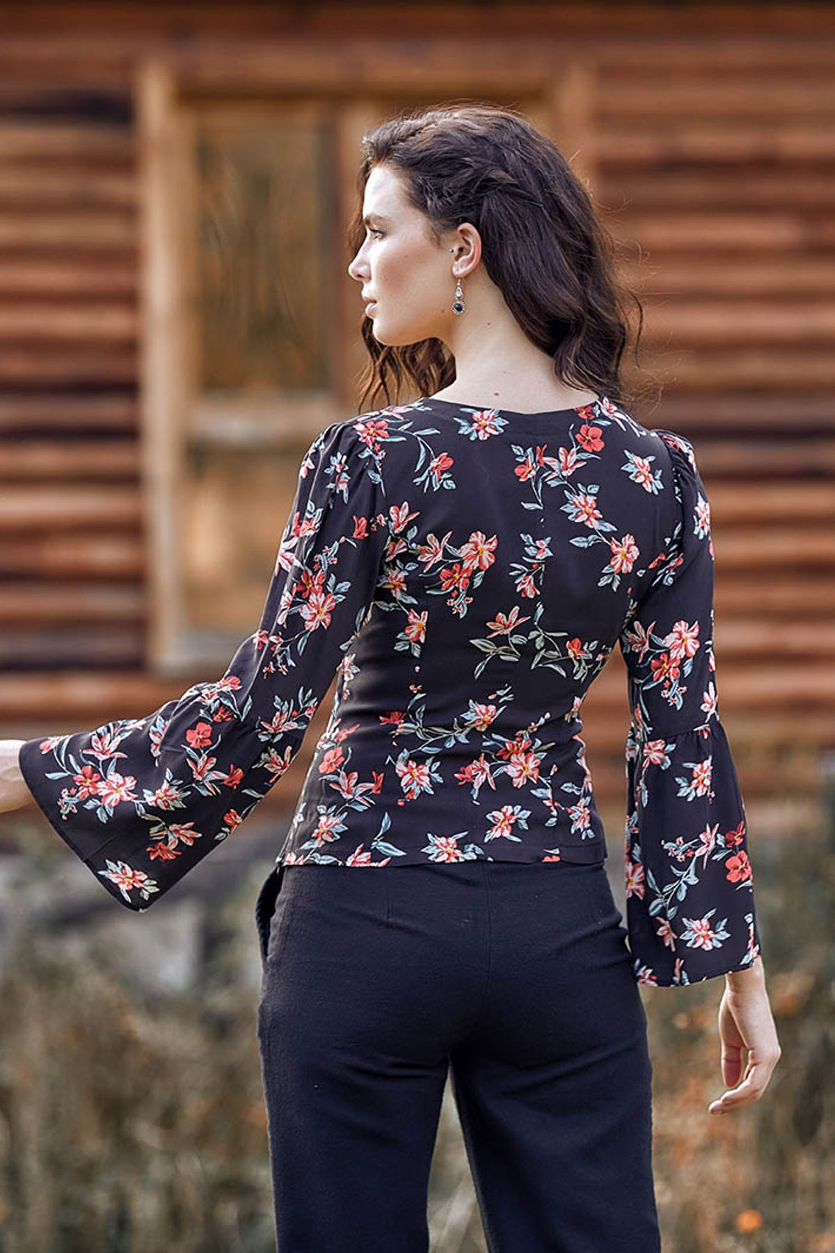 Patterned Fall Winter Blouse Black