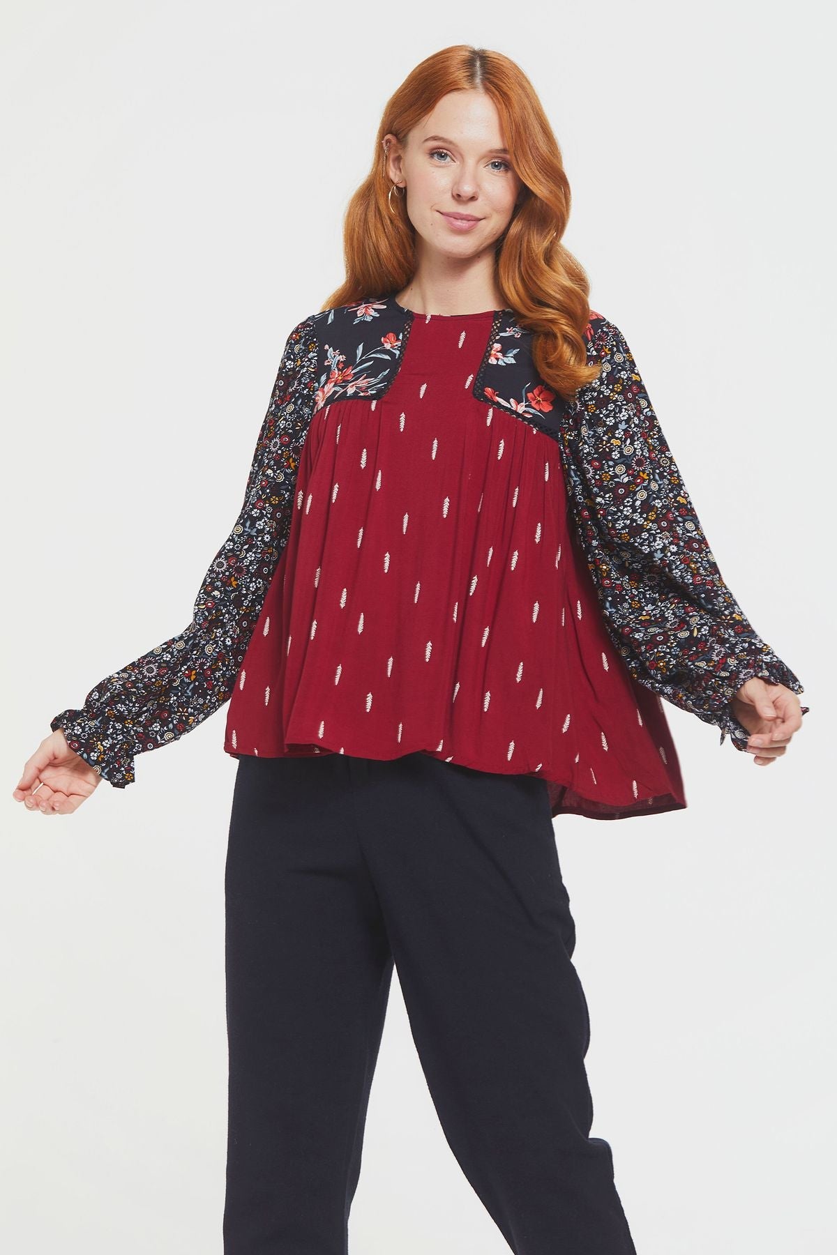 Laced Patchwork Bohemian Blouse Red