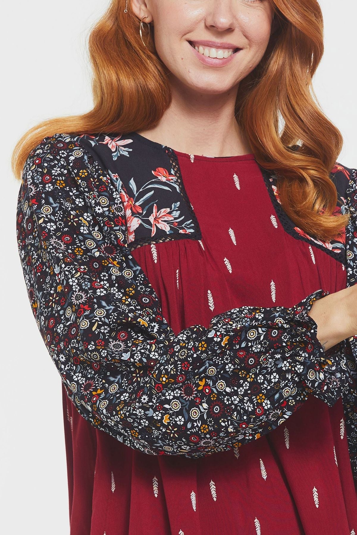 Laced Patchwork Bohemian Blouse Red