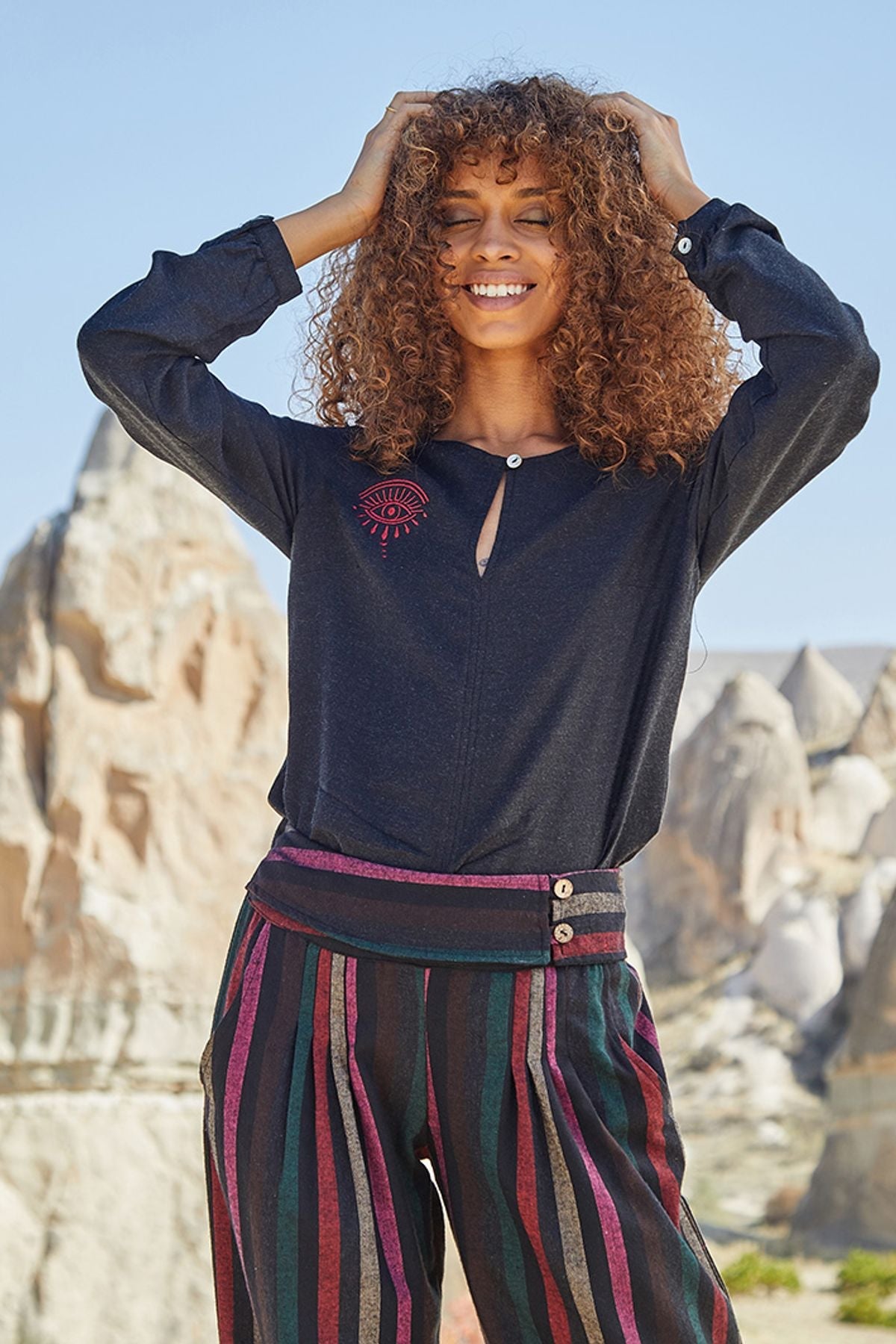 Boat Neck Embroidered Boho Winter Blouse Black