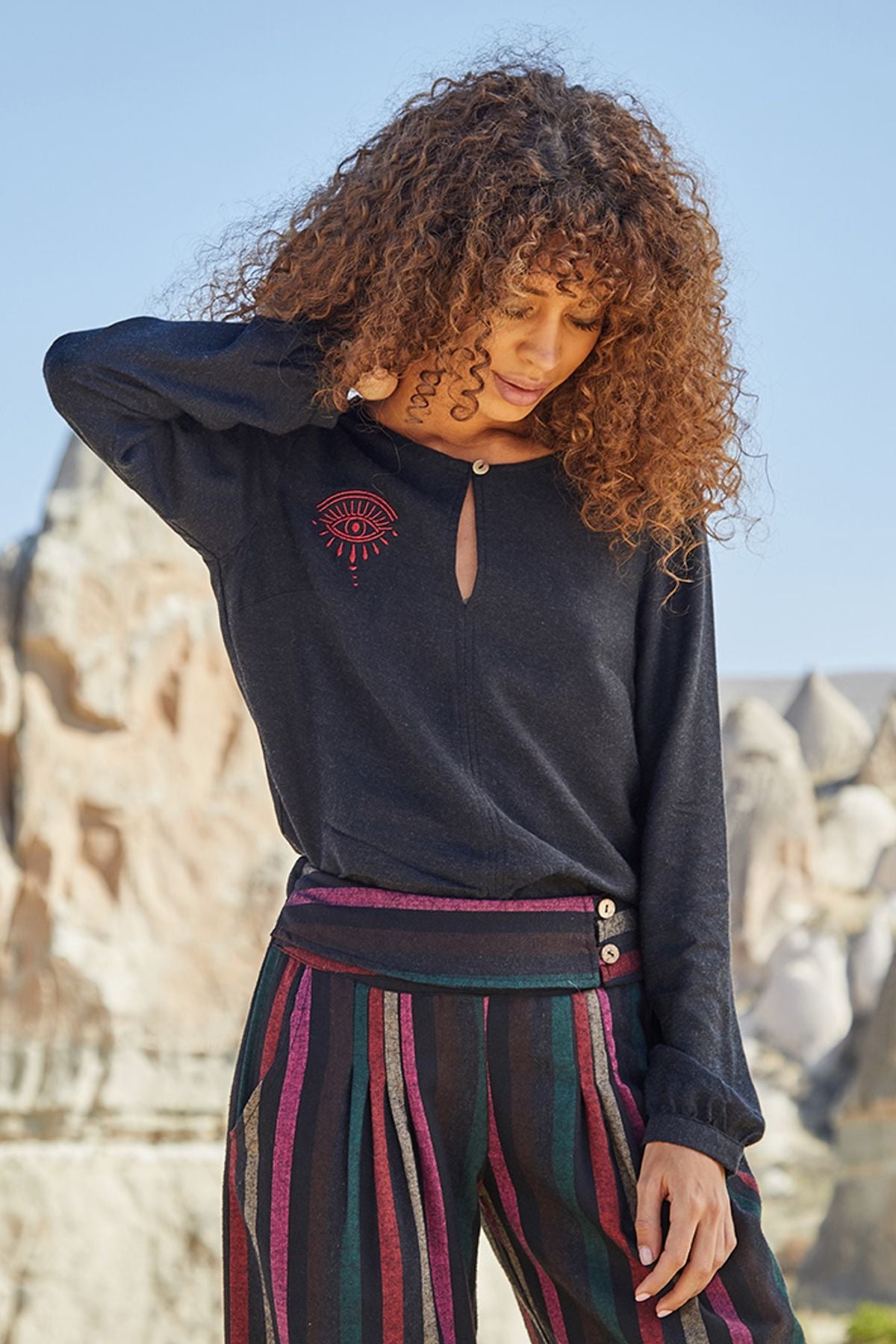 Boat Neck Embroidered Boho Winter Blouse Black