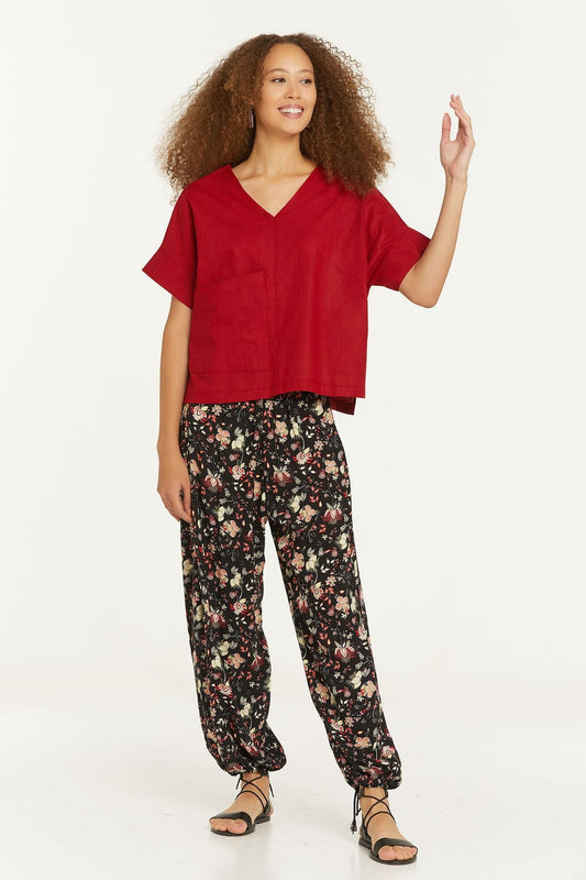 Short Sleeve Loose Fit Boho Blouse Red