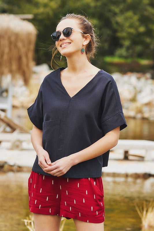 Short Sleeve Loose Fit Boho Blouse Black