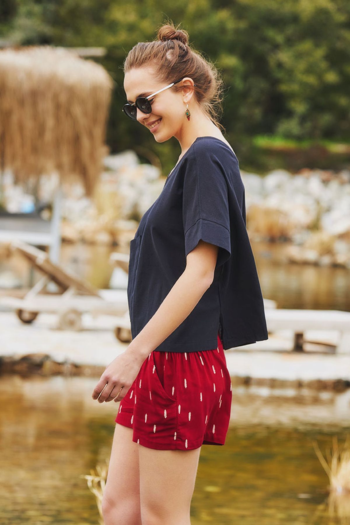 Short Sleeve Loose Fit Boho Blouse Black