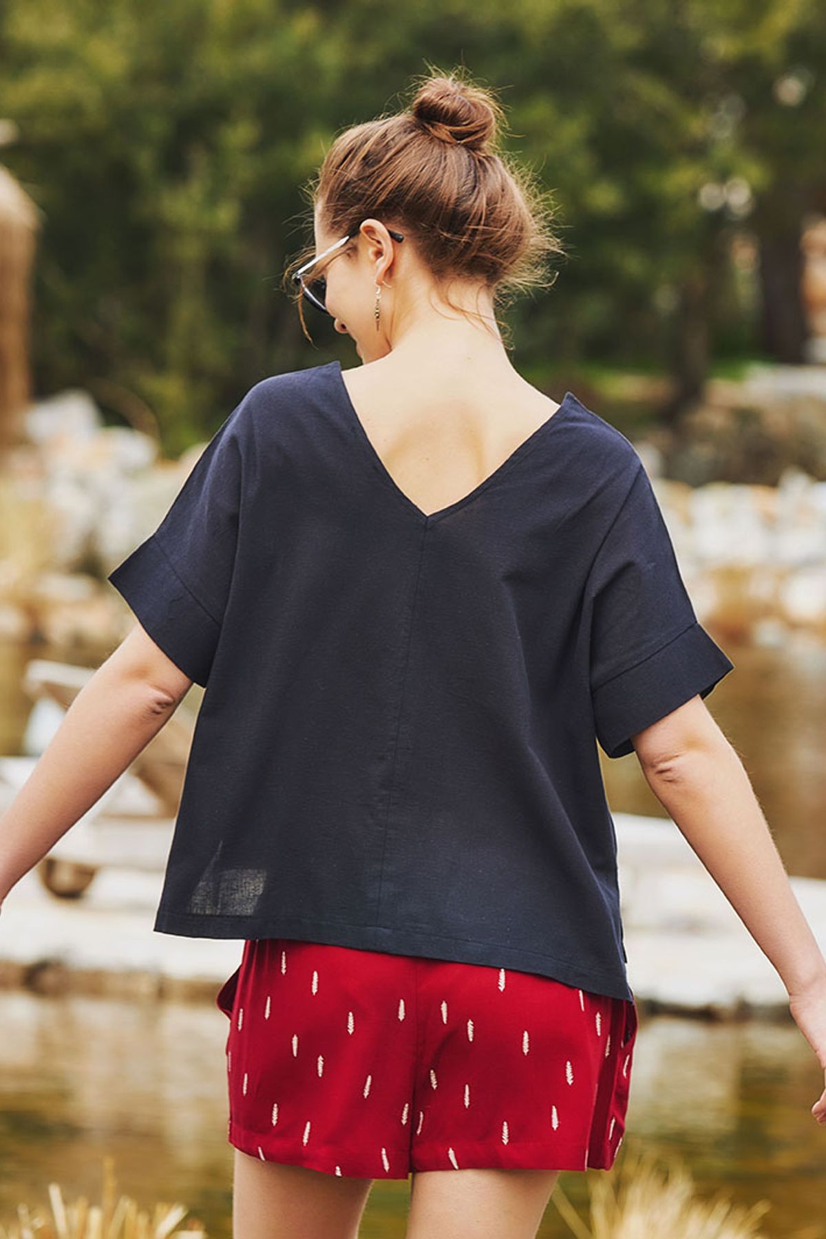 Short Sleeve Loose Fit Boho Blouse Black