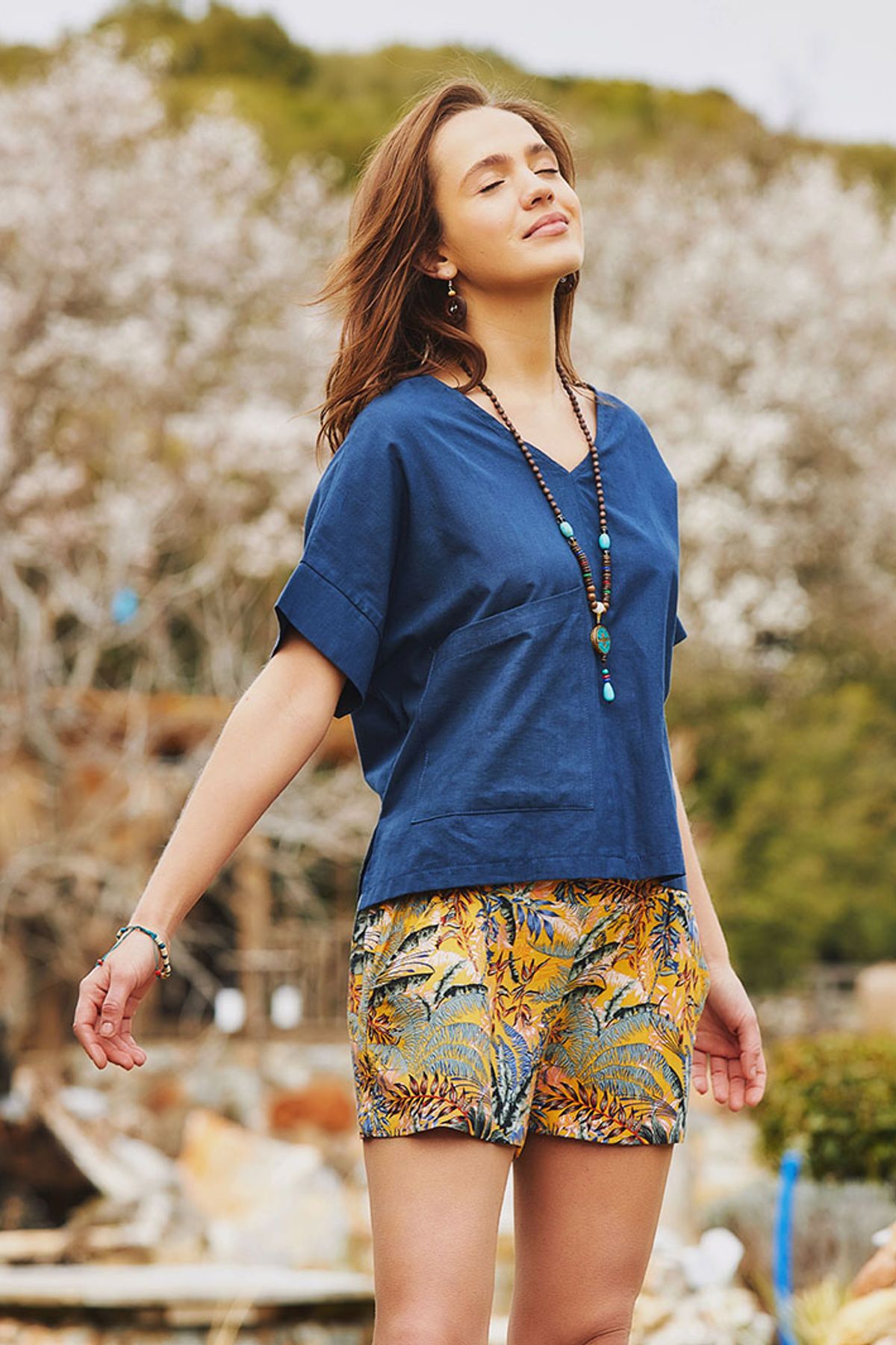 Short Sleeve Loose Fit Boho Blouse Dark Blue