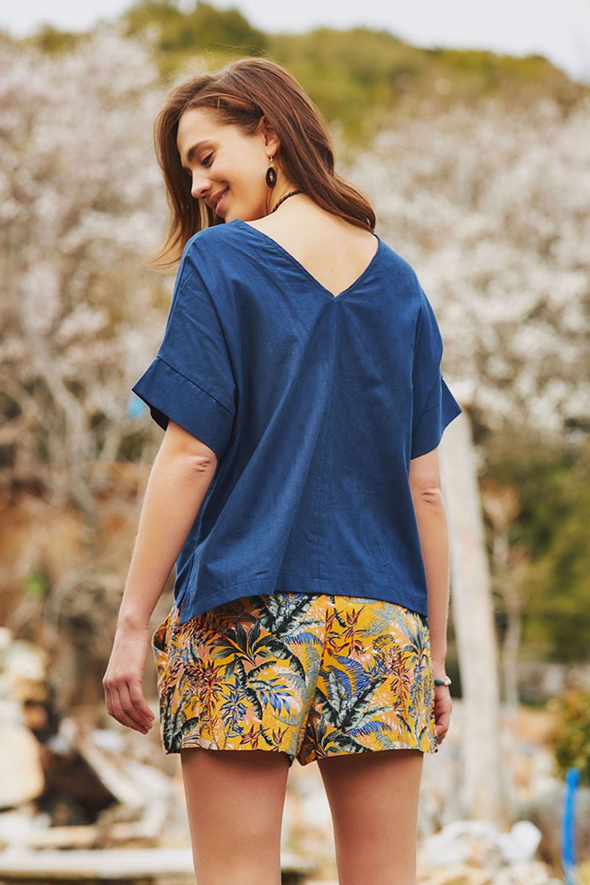 Short Sleeve Loose Fit Boho Blouse Dark Blue