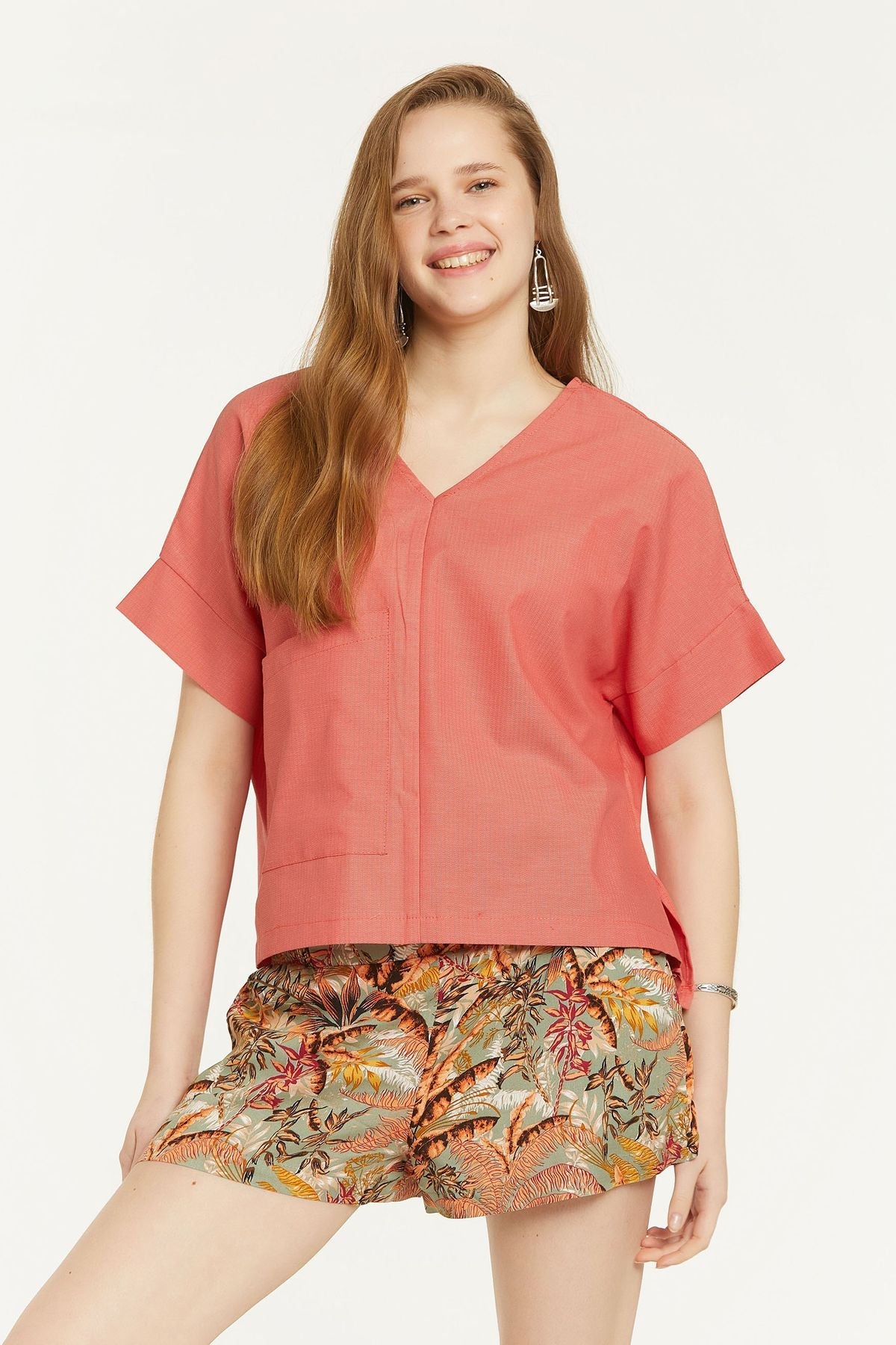 Short Sleeve Loose Fit Boho Blouse Pink
