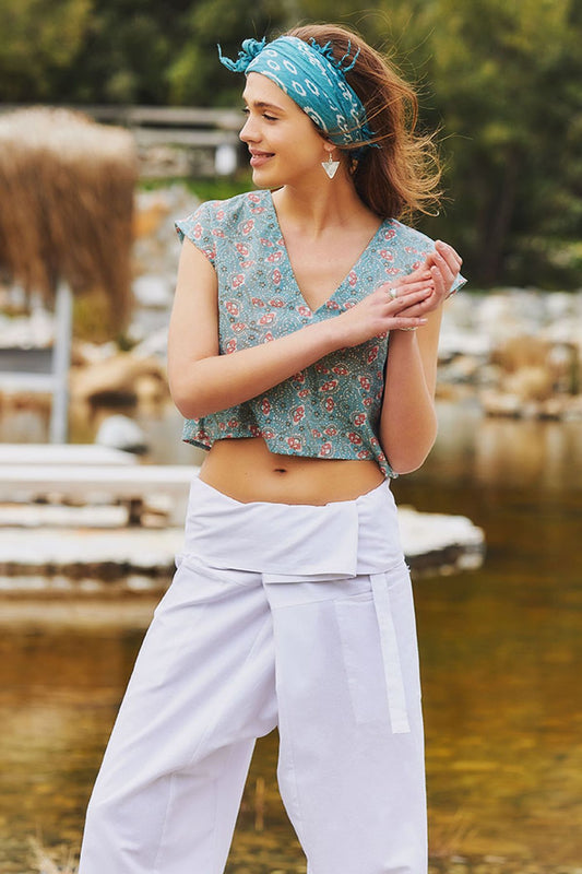 Short Sleeve Cotton Crop Top Blue