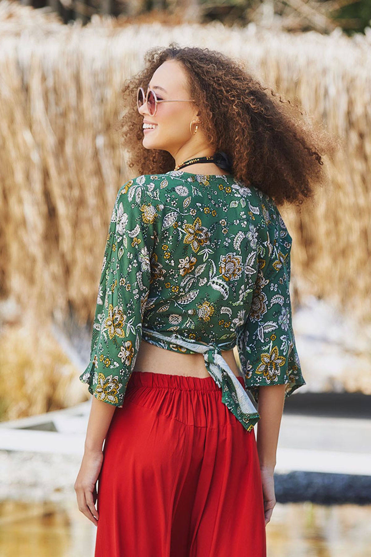 Bat Sleeve Boho Summer Top with Front Tie Green