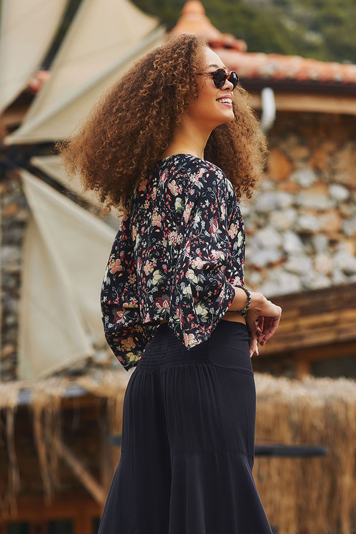 Bat Sleeve Boho Summer Top with Front Tie Black
