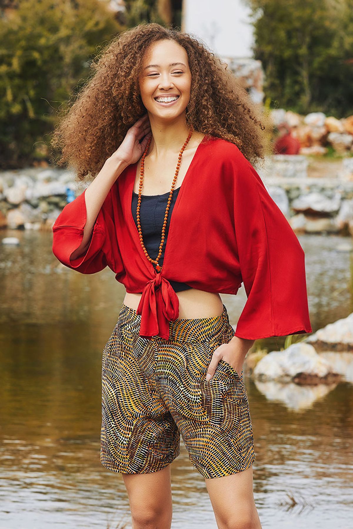 Bat Sleeve Boho Summer Top with Front Tie Burnt Orange