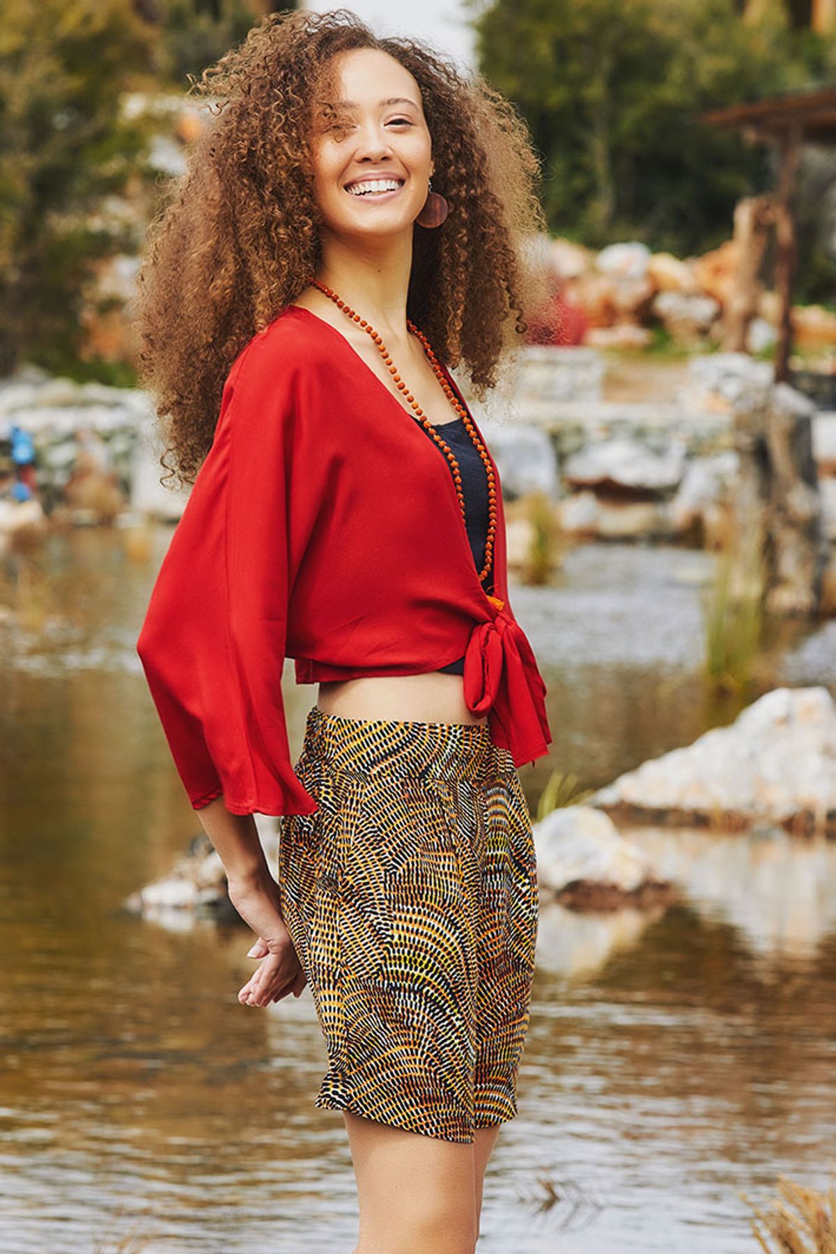 Bat Sleeve Boho Summer Top with Front Tie Burnt Orange