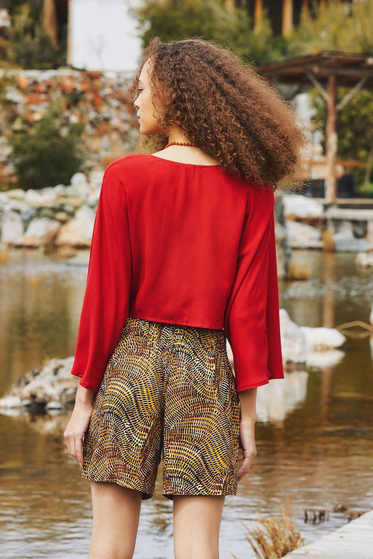 Bat Sleeve Boho Summer Top with Front Tie Burnt Orange