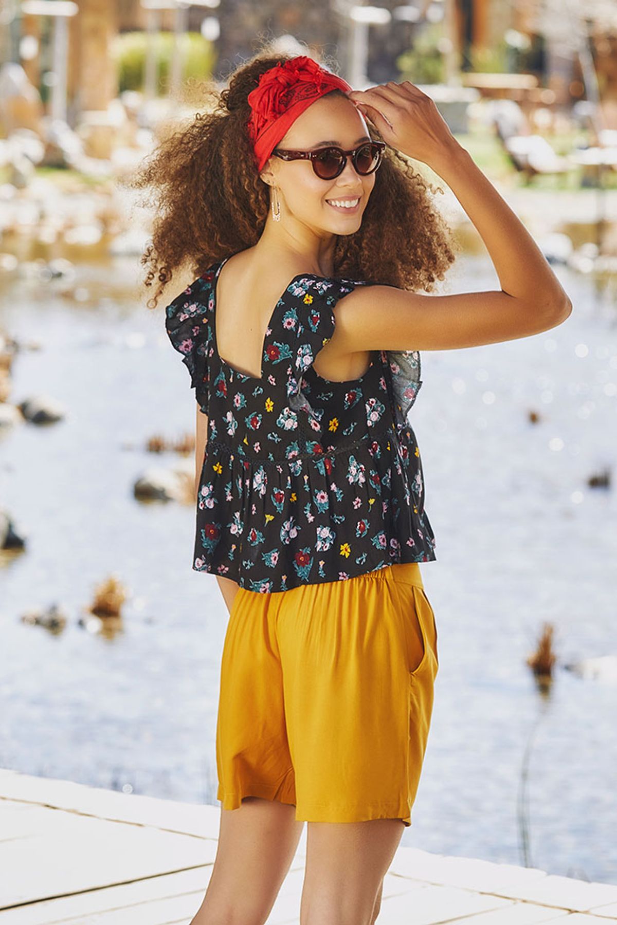 Printed Square Neck Cute Top Black