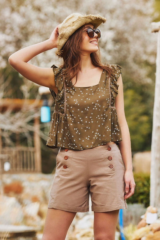 Printed Square Neck Cute Top Khaki