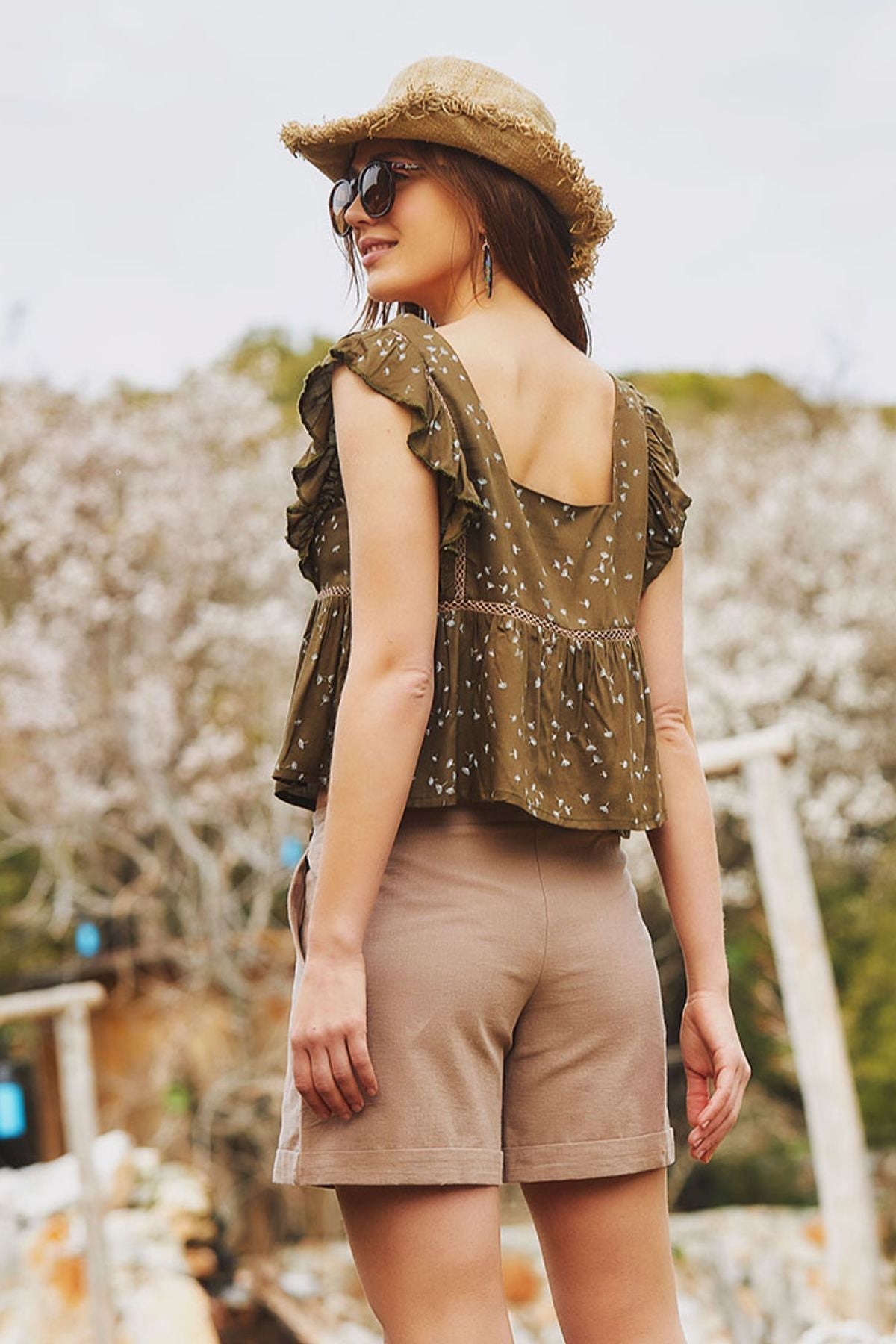 Printed Square Neck Cute Top Khaki