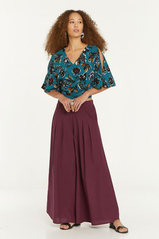 Floral Print V Neck Boho Blouse Turquoise