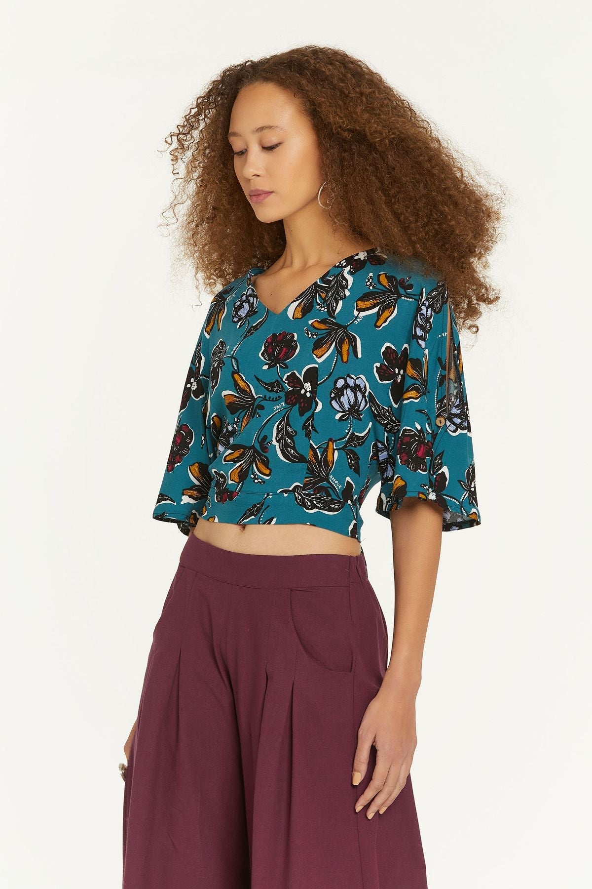 Floral Print V Neck Boho Blouse Turquoise