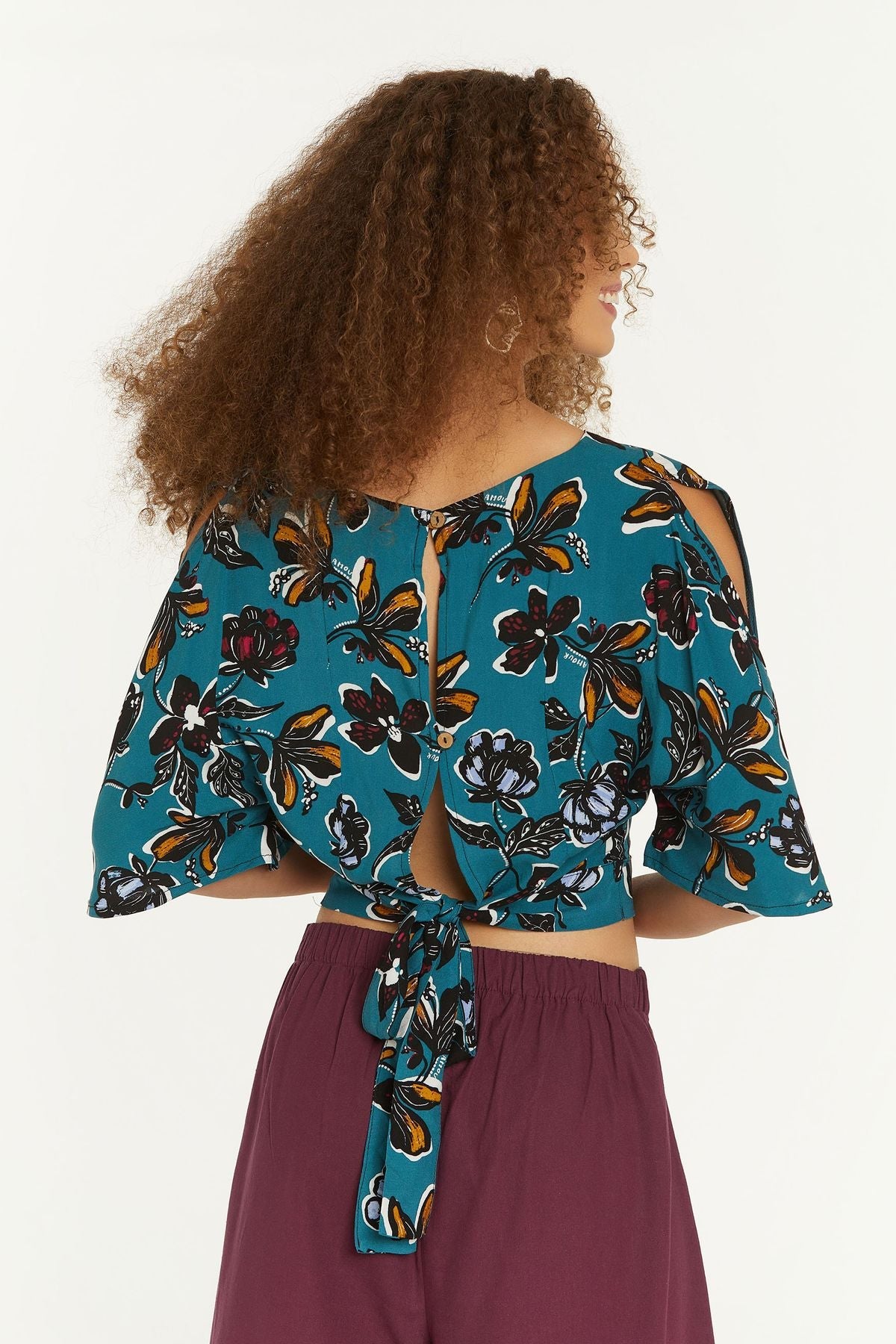 Floral Print V Neck Boho Blouse Turquoise