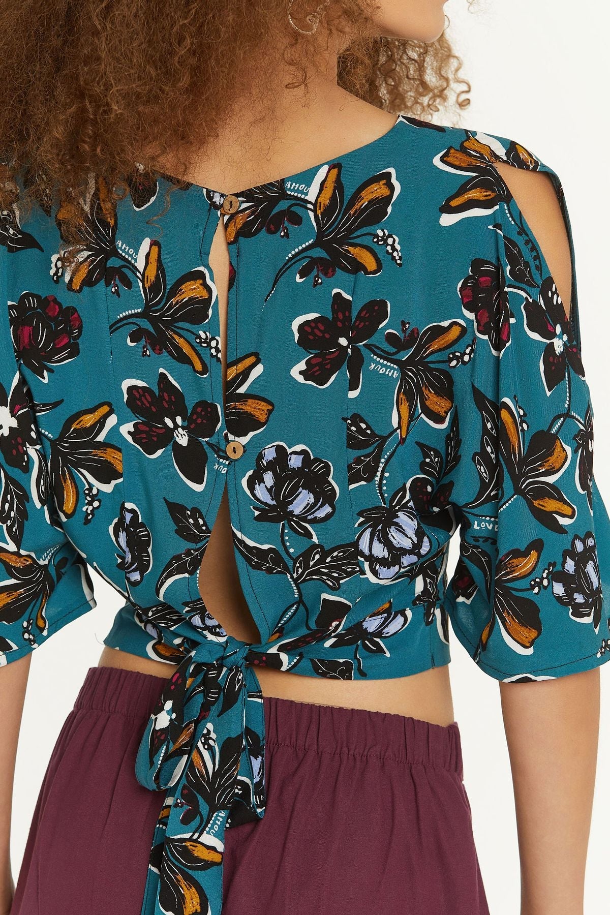 Floral Print V Neck Boho Blouse Turquoise