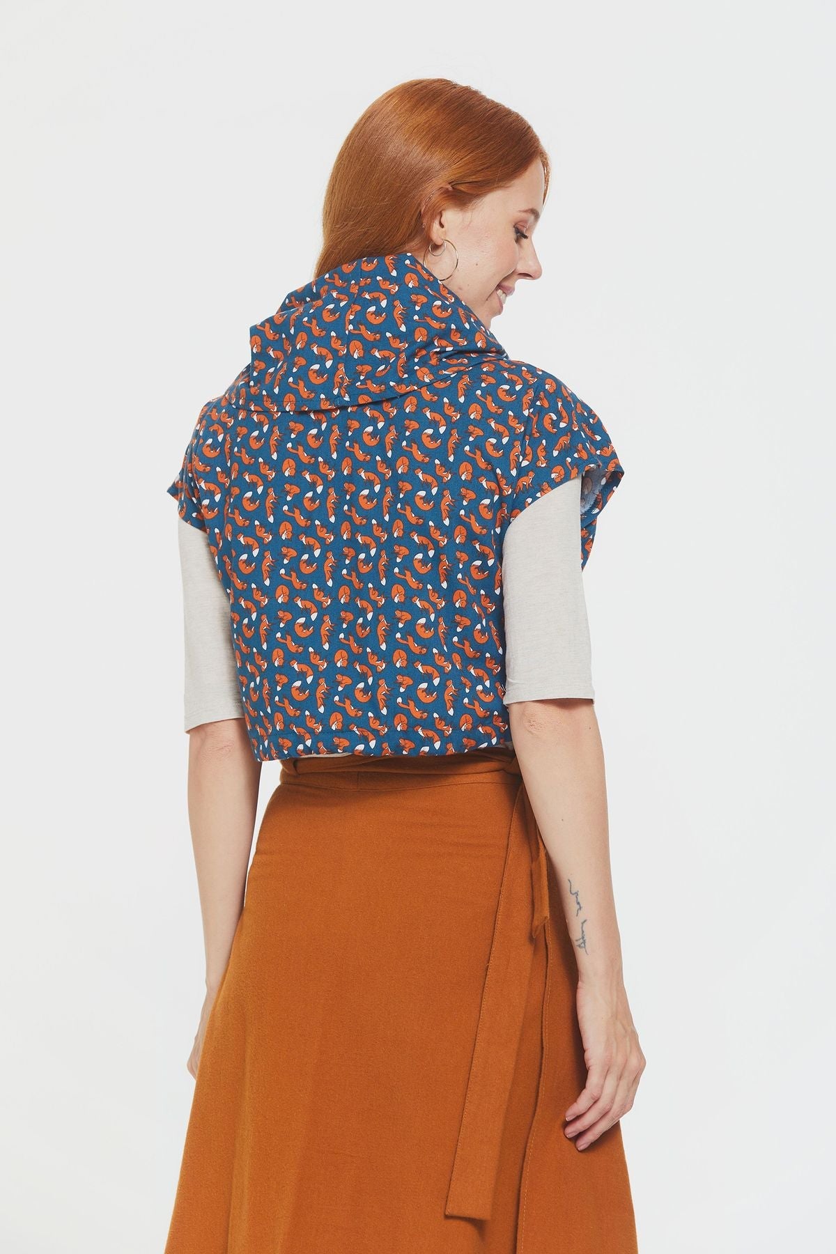 Printed Fall Crop Top Dark Blue
