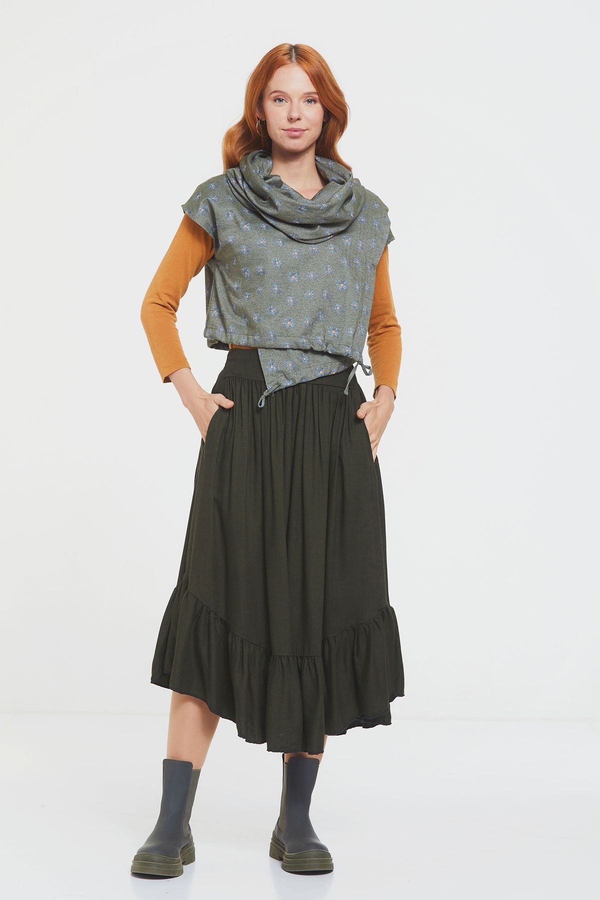 Printed Fall Crop Top Khaki