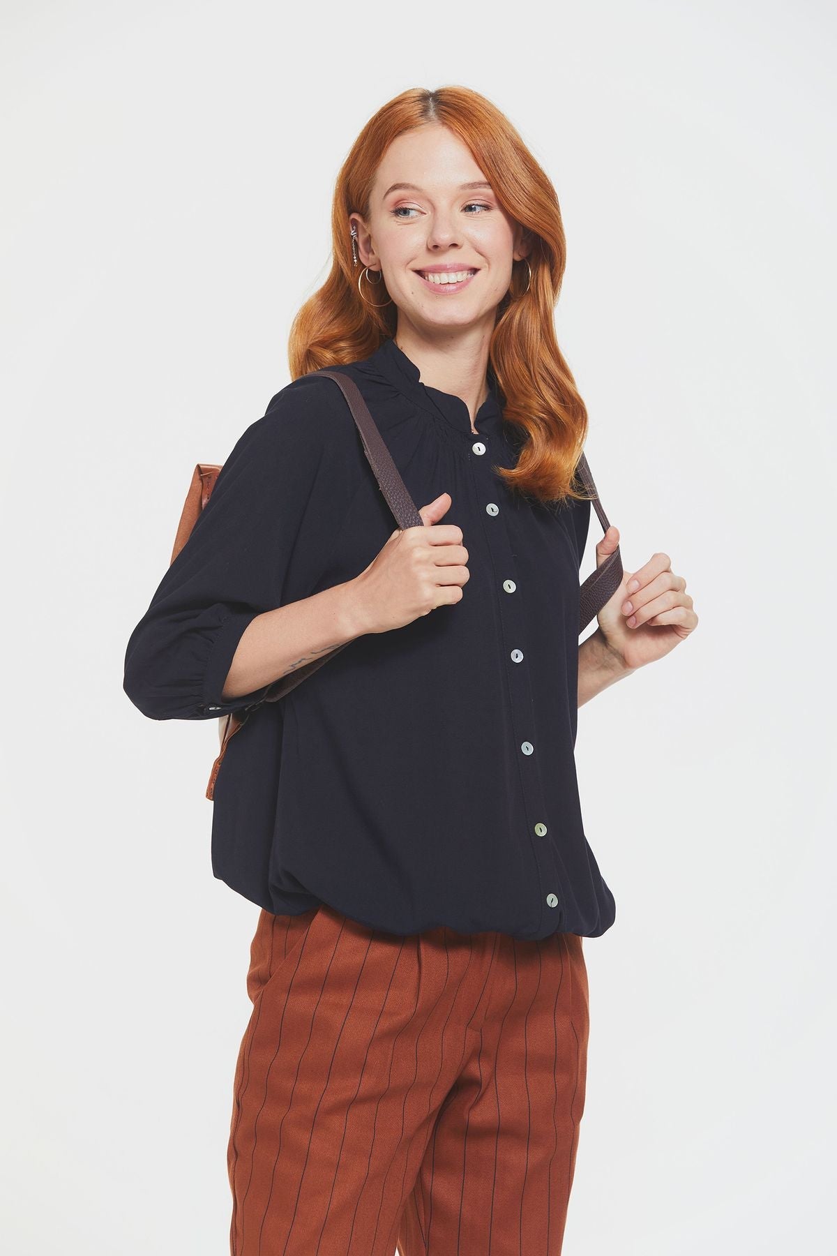 Loose Fit Women's Shirt with Band Collar Black