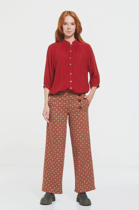 Loose Fit Women's Shirt with Band Collar Burnt Orange