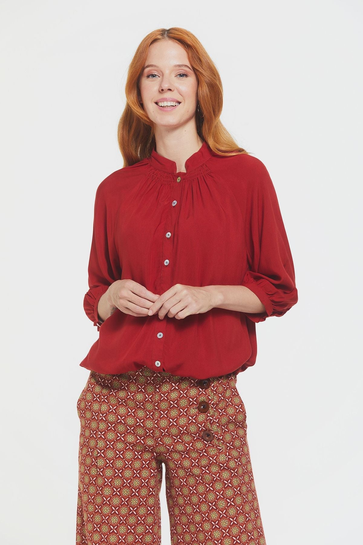 Loose Fit Women's Shirt with Band Collar Burnt Orange