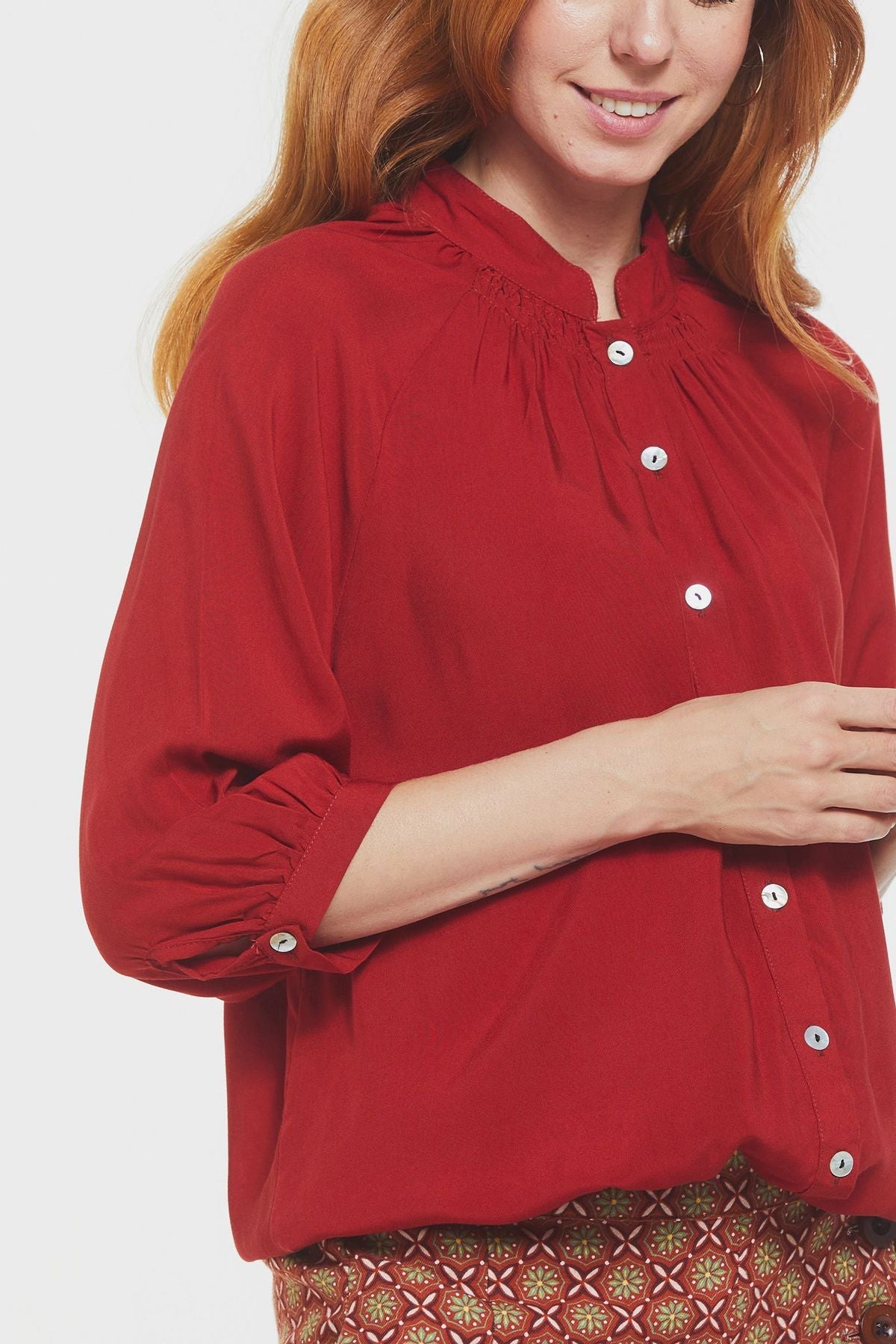 Loose Fit Women's Shirt with Band Collar Burnt Orange