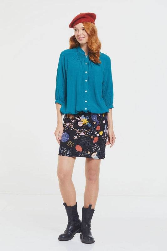 Loose Fit Women's Shirt with Band Collar Turquoise