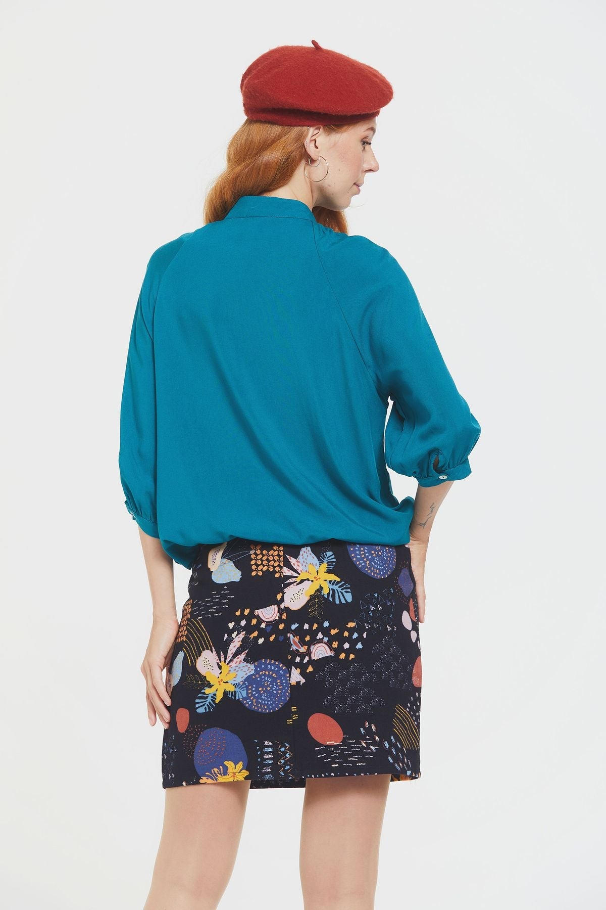 Loose Fit Women's Shirt with Band Collar Turquoise