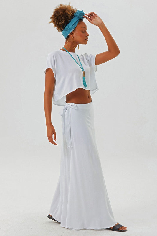 Boat Neck Oversize Bohemian Crop Top White