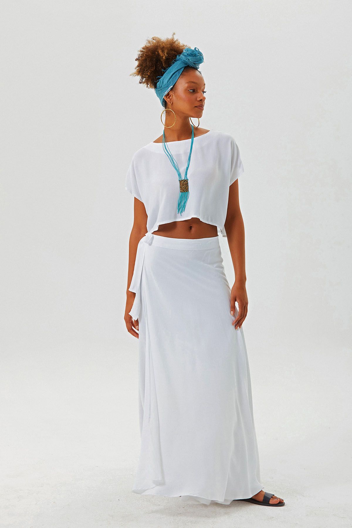 Boat Neck Oversize Bohemian Crop Top White