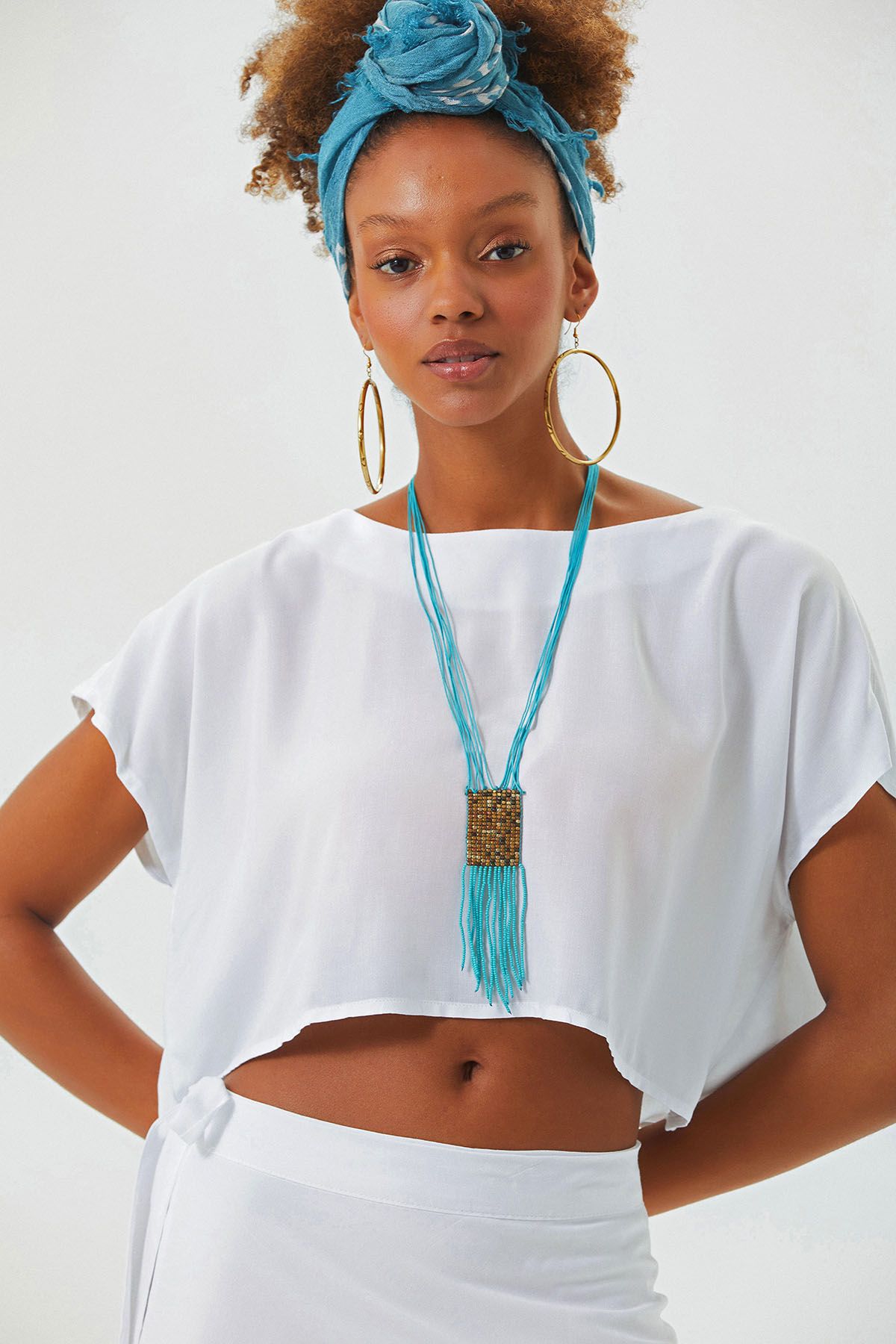 Boat Neck Oversize Bohemian Crop Top White