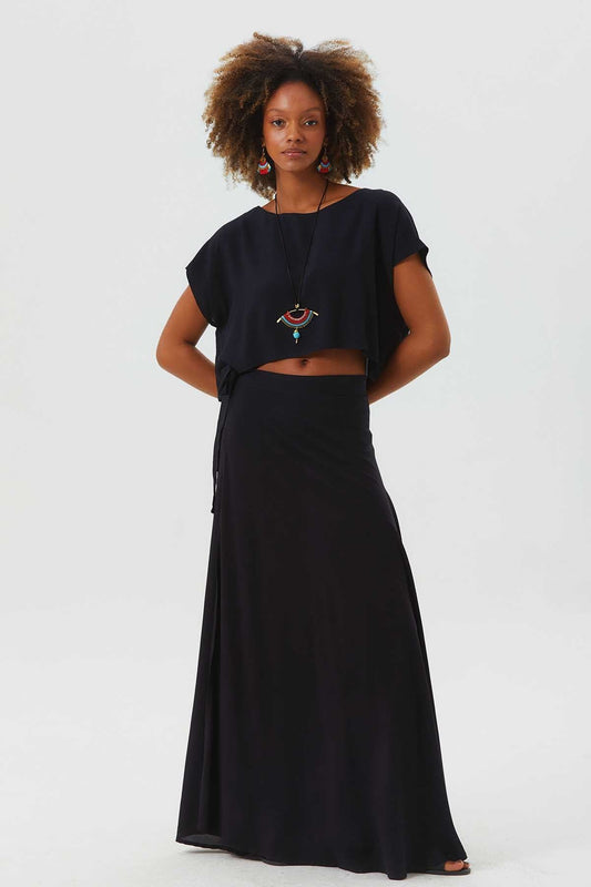 Boat Neck Oversize Bohemian Crop Top Black