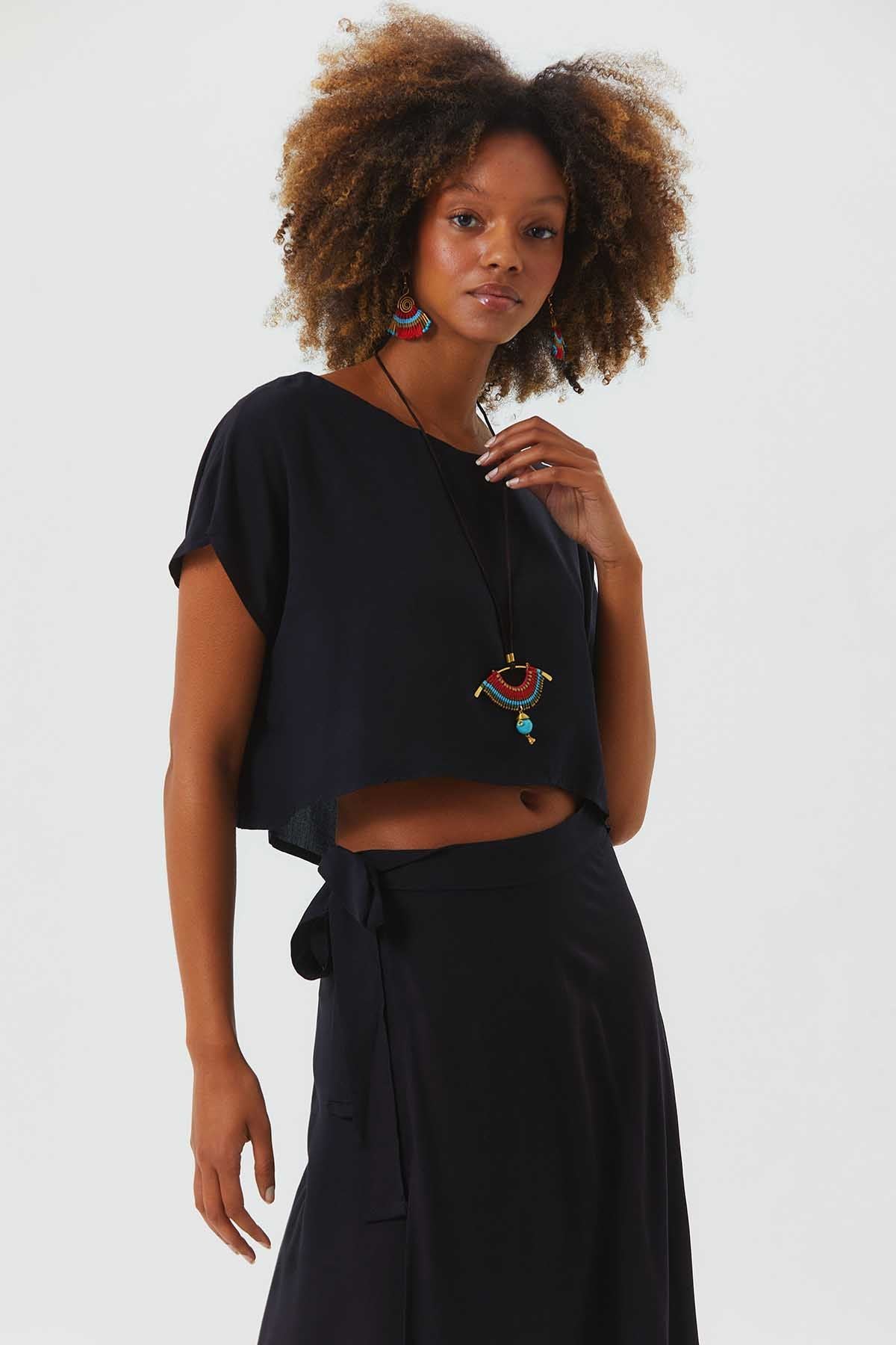Boat Neck Oversize Bohemian Crop Top Black
