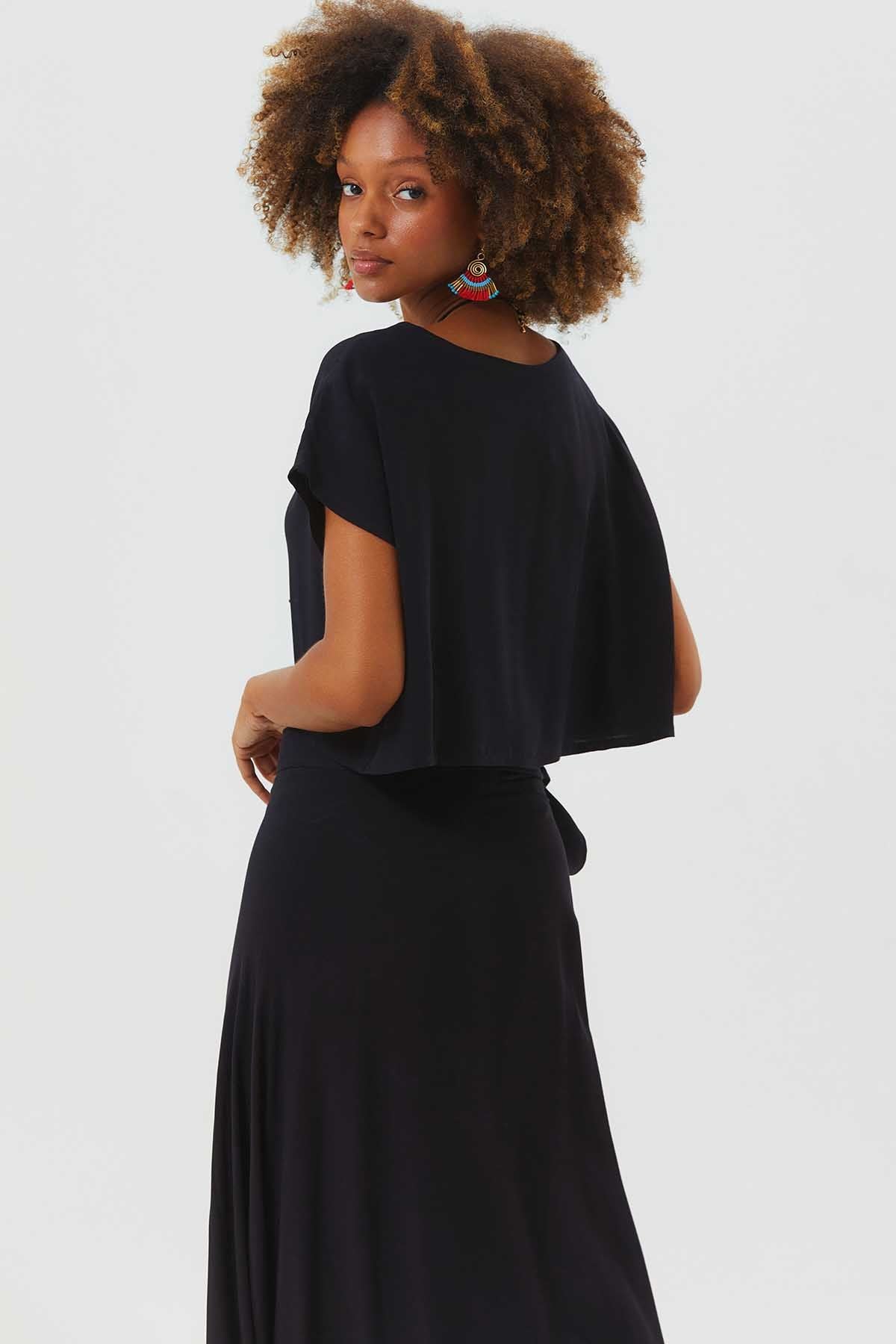 Boat Neck Oversize Bohemian Crop Top Black