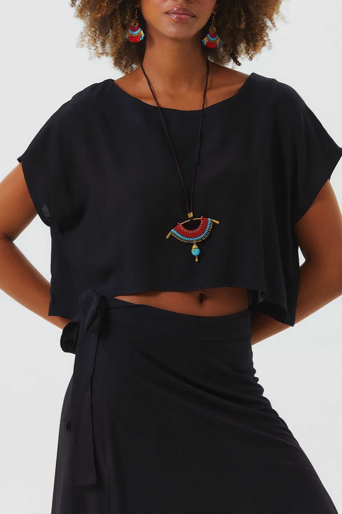 Boat Neck Oversize Bohemian Crop Top Black