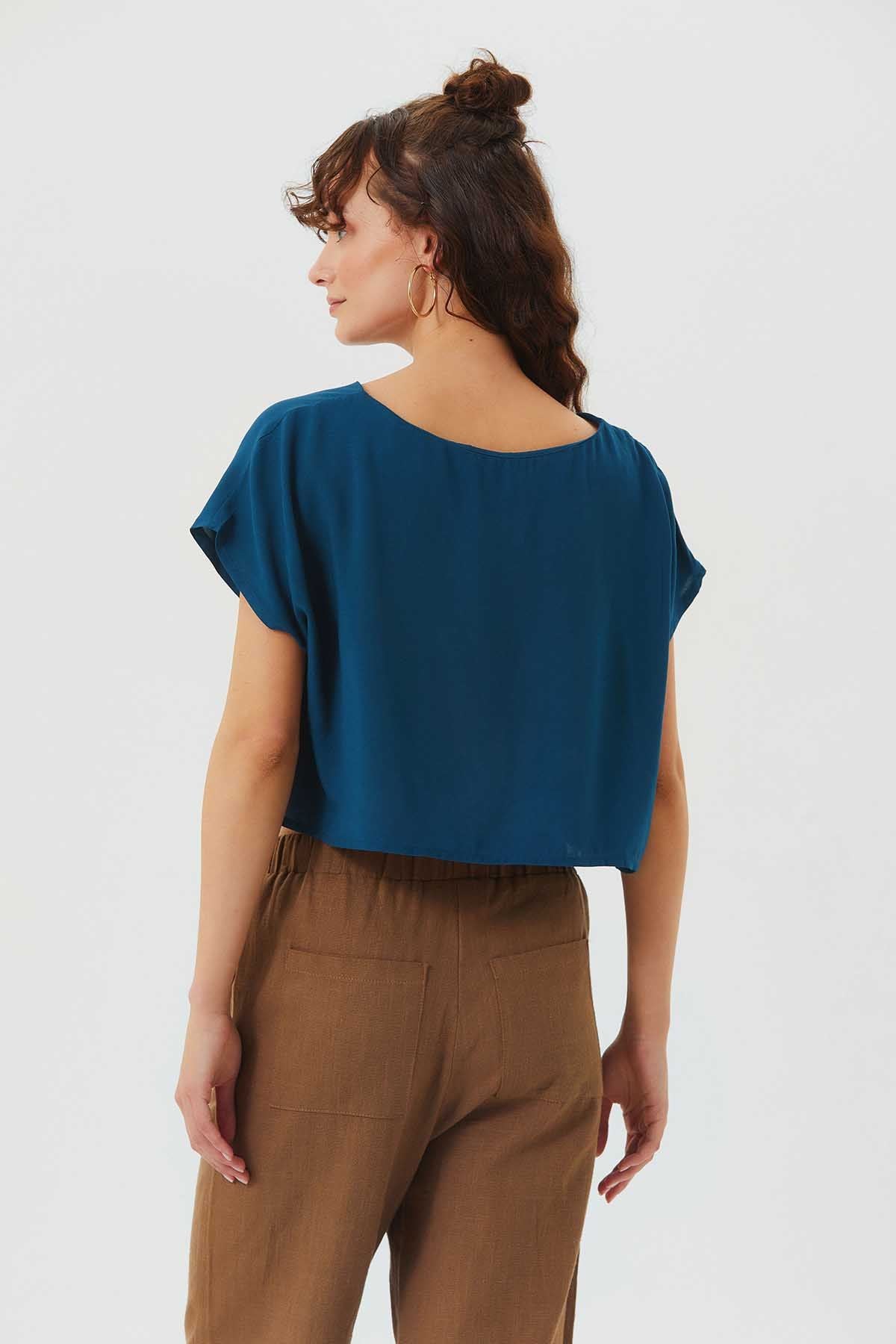 Boat Neck Oversize Bohemian Crop Top Dark Blue