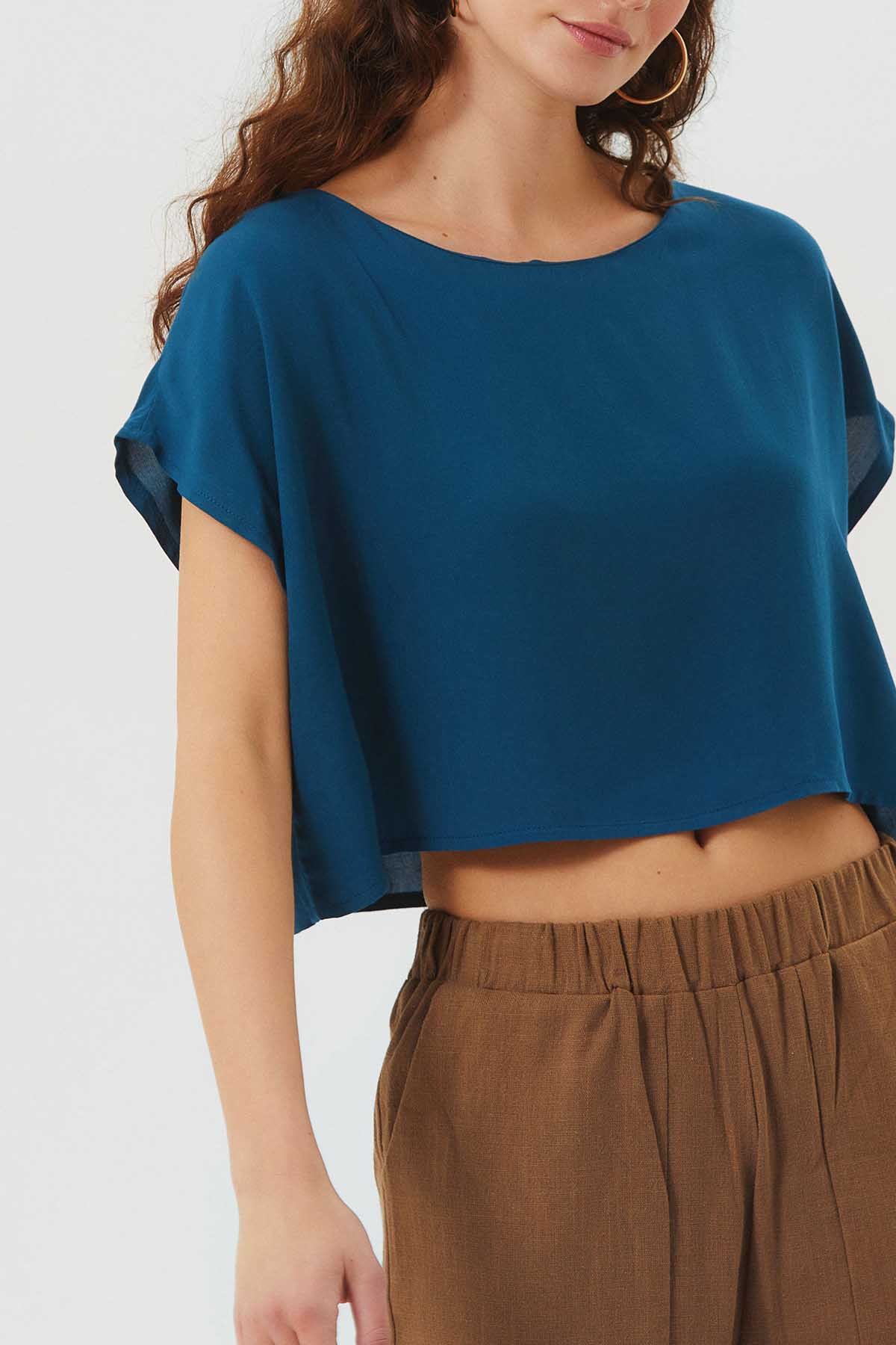 Boat Neck Oversize Bohemian Crop Top Dark Blue